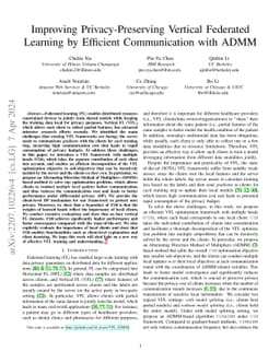 Improving Privacy-Preserving Vertical Federated Learning by Efficient
  Communication with ADMM