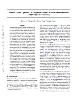 Towards Global Optimality in Cooperative MARL with the Transformation
  And Distillation Framework