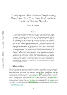Multisymplectic Formulation of Deep Learning Using Mean--Field Type
  Control and Nonlinear Stability of Training Algorithm