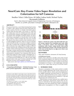 NeuriCam: Key-Frame Video Super-Resolution and Colorization for IoT
  Cameras
