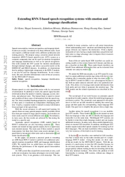 Extending RNN-T-based speech recognition systems with emotion and
  language classification