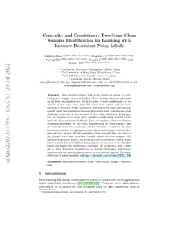 Centrality and Consistency: Two-Stage Clean Samples Identification for
  Learning with Instance-Dependent Noisy Labels