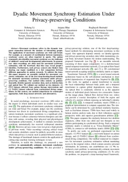 Dyadic Movement Synchrony Estimation Under Privacy-preserving Conditions