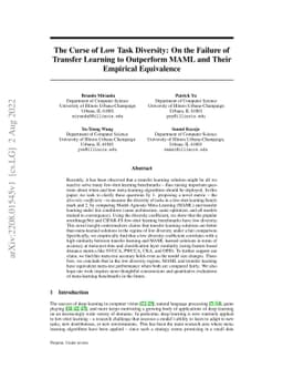 The Curse of Low Task Diversity: On the Failure of Transfer Learning to
  Outperform MAML and Their Empirical Equivalence