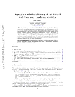 Asymptotic relative efficiency of the Kendall and Spearman correlation
  statistics
