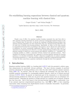 On establishing learning separations between classical and quantum
  machine learning with classical data