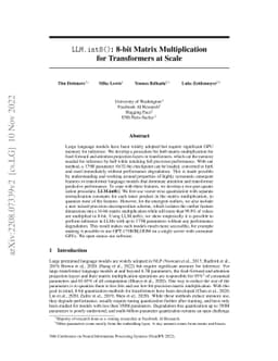 LLM.int8(): 8-bit Matrix Multiplication for Transformers at Scale