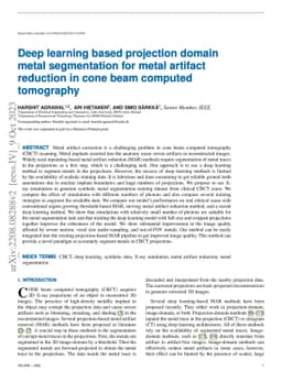 Deep learning based projection domain metal segmentation for metal
  artifact reduction in cone beam computed tomography