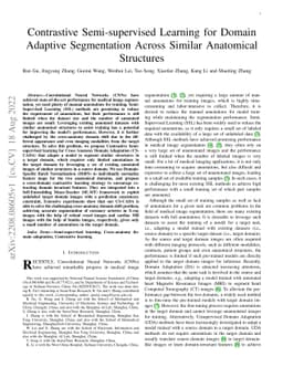 Contrastive Semi-supervised Learning for Domain Adaptive Segmentation
  Across Similar Anatomical Structures