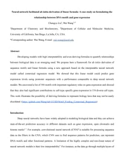Neural network facilitated ab initio derivation of linear formula: A
  case study on formulating the relationship between DNA motifs and gene
  expression