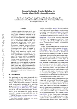 General-to-Specific Transfer Labeling for Domain Adaptable Keyphrase
  Generation