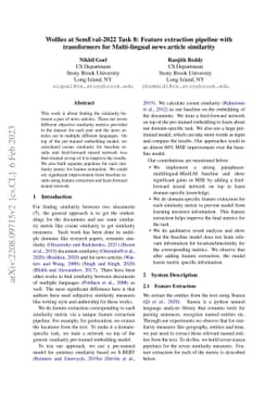 Wolfies at SemEval-2022 Task 8: Feature extraction pipeline with
  transformers for Multi-lingual news article similarity