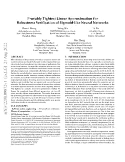 Provably Tightest Linear Approximation for Robustness Verification of
  Sigmoid-like Neural Networks