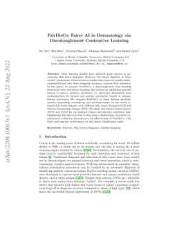 FairDisCo: Fairer AI in Dermatology via Disentanglement Contrastive
  Learning