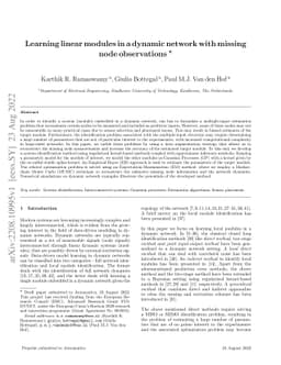Learning linear modules in a dynamic network with missing node
  observations