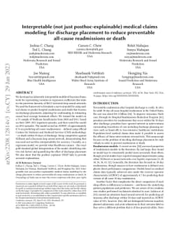 Interpretable (not just posthoc-explainable) medical claims modeling for
  discharge placement to prevent avoidable all-cause readmissions or death