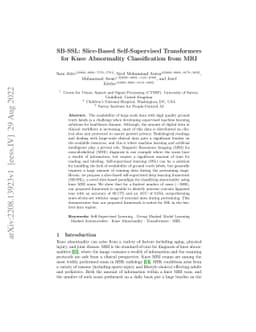SB-SSL: Slice-Based Self-Supervised Transformers for Knee Abnormality
  Classification from MRI