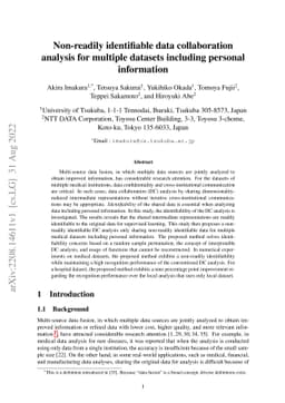 Non-readily identifiable data collaboration analysis for multiple
  datasets including personal information