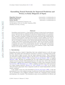Ensembling Neural Networks for Improved Prediction and Privacy in Early
  Diagnosis of Sepsis
