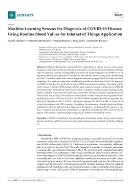 Machine Learning Sensors for Diagnosis of COVID-19 Disease Using Routine
  Blood Values for Internet of Things Application