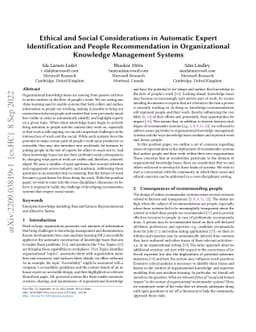 Ethical and Social Considerations in Automatic Expert Identification and
  People Recommendation in Organizational Knowledge Management Systems
