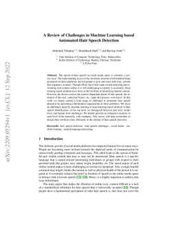 A Review of Challenges in Machine Learning based Automated Hate Speech
  Detection