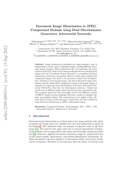 Document Image Binarization in JPEG Compressed Domain using Dual
  Discriminator Generative Adversarial Networks