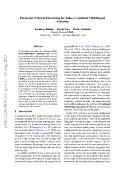 Parameter-Efficient Finetuning for Robust Continual Multilingual
  Learning