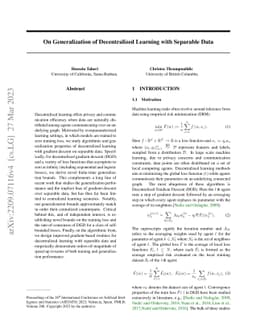 On Generalization of Decentralized Learning with Separable Data