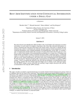 Best Arm Identification with Contextual Information under a Small Gap