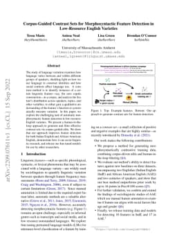 Corpus-Guided Contrast Sets for Morphosyntactic Feature Detection in
  Low-Resource English Varieties