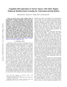 Unguided Self-exploration in Narrow Spaces with Safety Region Enhanced
  Reinforcement Learning for Ackermann-steering Robots
