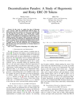 Decentralization Paradox: A Study of Hegemonic and Risky ERC-20 Tokens