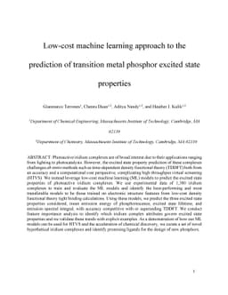 Low-cost machine learning approach to the prediction of transition metal
  phosphor excited state properties