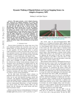 Dynamic Walking of Bipedal Robots on Uneven Stepping Stones via
  Adaptive-frequency MPC