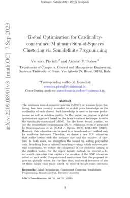 Global Optimization for Cardinality-constrained Minimum Sum-of-Squares
  Clustering via Semidefinite Programming