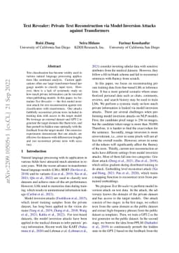 Text Revealer: Private Text Reconstruction via Model Inversion Attacks
  against Transformers