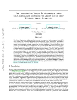 Pretraining the Vision Transformer using self-supervised methods for
  vision based Deep Reinforcement Learning