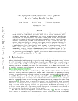An Asymptotically Optimal Batched Algorithm for the Dueling Bandit
  Problem