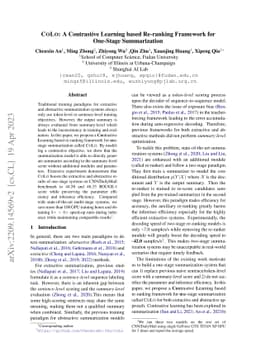 COLO: A Contrastive Learning based Re-ranking Framework for One-Stage
  Summarization