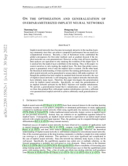 On the optimization and generalization of overparameterized implicit
  neural networks