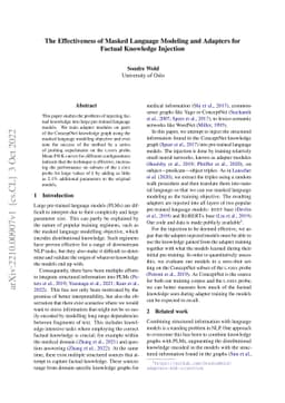 The Effectiveness of Masked Language Modeling and Adapters for Factual
  Knowledge Injection