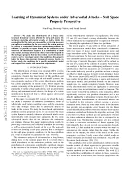 Learning of Dynamical Systems under Adversarial Attacks -- Null Space
  Property Perspective