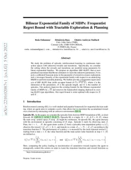 Bilinear Exponential Family of MDPs: Frequentist Regret Bound with
  Tractable Exploration and Planning