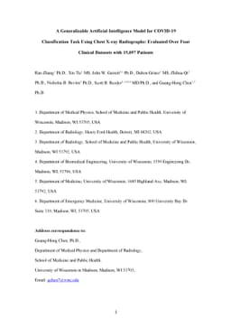 A Generalizable Artificial Intelligence Model for COVID-19
  Classification Task Using Chest X-ray Radiographs: Evaluated Over Four
  Clinical Datasets with 15,097 Patients