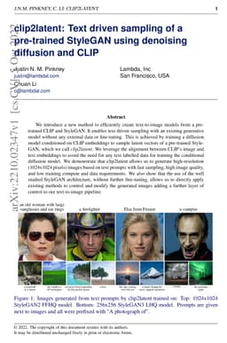clip2latent: Text driven sampling of a pre-trained StyleGAN using
  denoising diffusion and CLIP