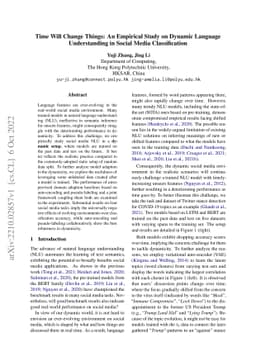 Time Will Change Things: An Empirical Study on Dynamic Language
  Understanding in Social Media Classification