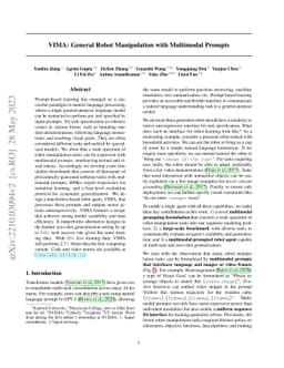 VIMA: General Robot Manipulation with Multimodal Prompts
