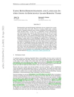 Using Both Demonstrations and Language Instructions to Efficiently Learn
  Robotic Tasks