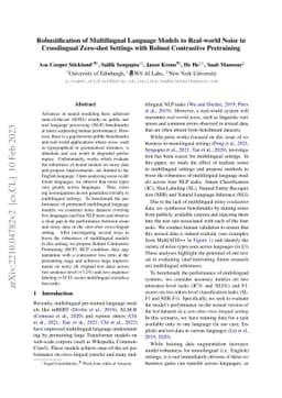 Robustification of Multilingual Language Models to Real-world Noise in
  Crosslingual Zero-shot Settings with Robust Contrastive Pretraining